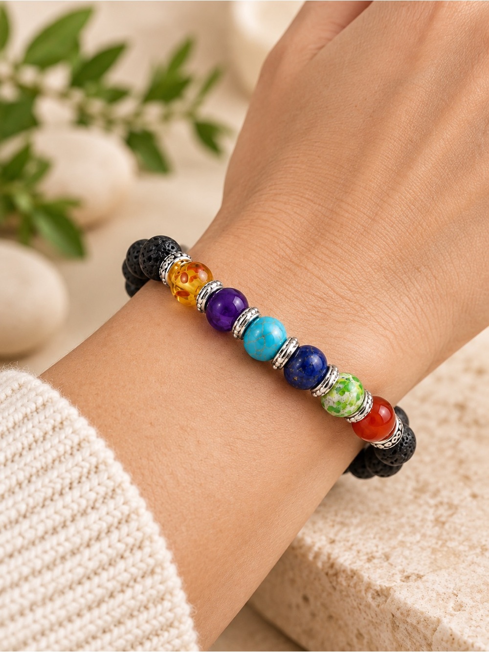 New 7 Chakra Lava Stone Stretch Bracelet with Silver-Tone Spacers – 8”